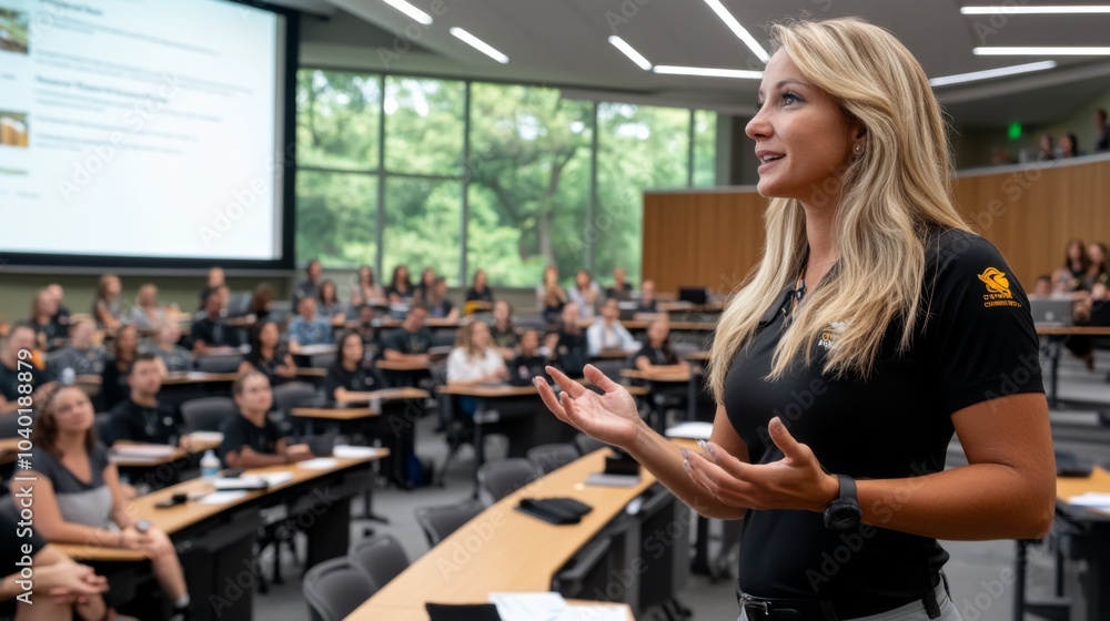 Female lecturer giving presentation to university students Female lecturer giving presentation to university students