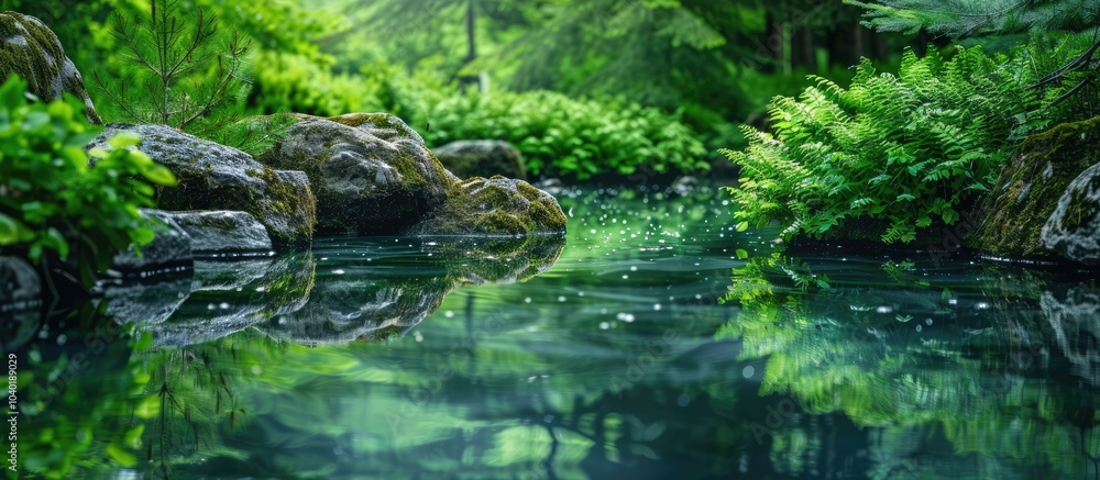 Fototapeta premium Evergreen plants like spruce and thuja are mirrored in the tranquil waters of the magic pond set in a serene garden creating an atmosphere of peace joy and serenity ideal for a copy space image