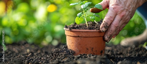 Sowing in the garden with a man s hand planting soil in a pot with a plant with a garden at home in the background Copy space image photo