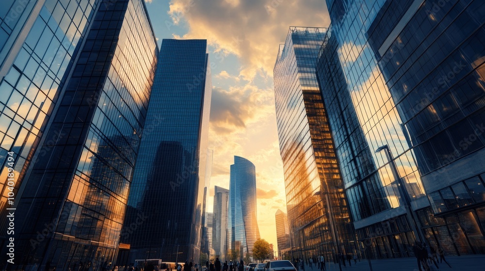 Modern skyscrapers under a vibrant sunset sky view Modern skyscrapers under a vibrant sunset sky view