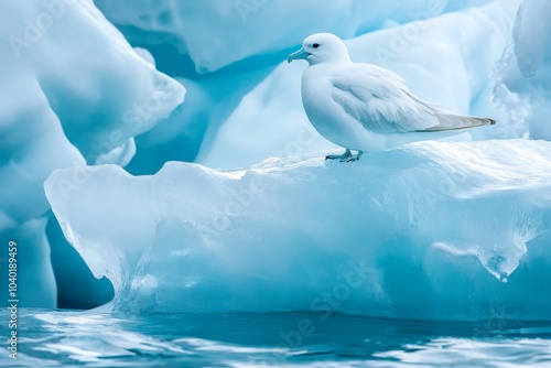 A stunning image showcasing a pristine white bird perched calmly on a massive blue iceberg, surrounded by the serene icy landscape of the Arctic region.