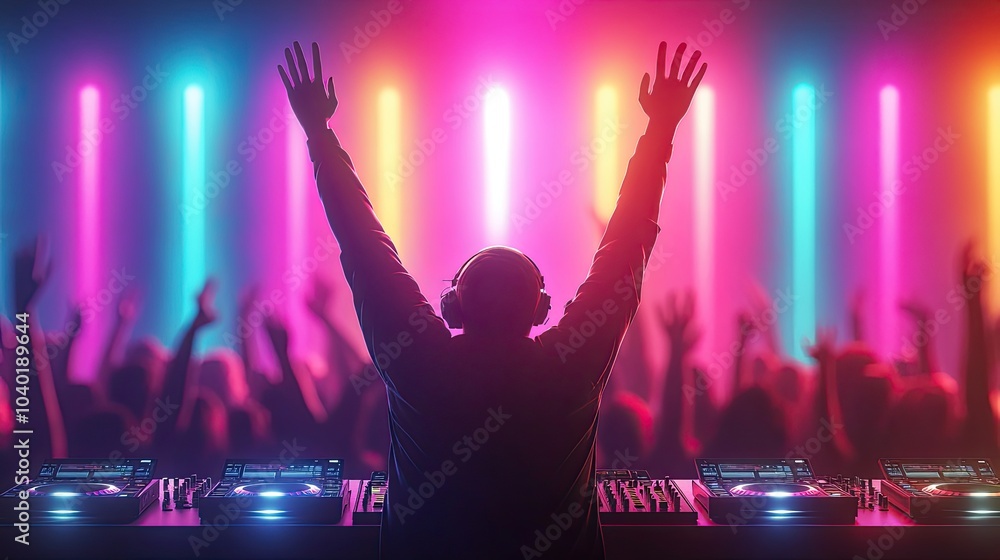 DJ Energizes Crowd with Hands Raised at Nightclub DJ Energizes Crowd with Hands Raised at Nightclub