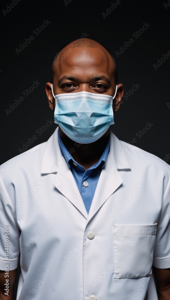 A serious African-American doctor from the 30s stands against a dark background wearing a mask and uniform while staring into the camera A serious African-American doctor from the 30s stands against a dark background wearing a mask and uniform while staring into the camera