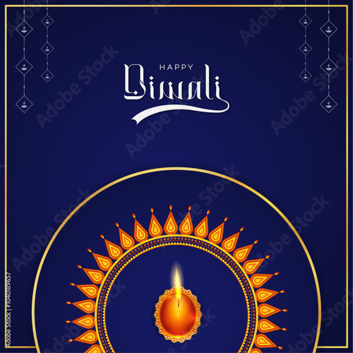 Festive Diwali greeting card featuring a traditional oil lamp with Diwali Poster, Happy Diwali. 
