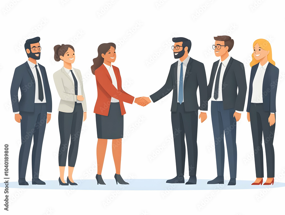 Flat Business Team Shaking Hands White Background - Medium Shot of Professionals Symbolizing Agreement, Decision Making, Planning - Copy Space for Advertising - Simple Flat Vector Illustration Flat Business Team Shaking Hands White Background - Medium Shot of Professionals Symbolizing Agreement, Decision Making, Planning - Copy Space for Advertising - Simple Flat Vector Illustration
