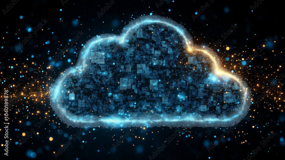 IoT data flowing into a cloud with remote servers managing the process, abstract digital landscape with glowing data streams. IoT data flowing into a cloud with remote servers managing the process, abstract digital landscape with glowing data streams.