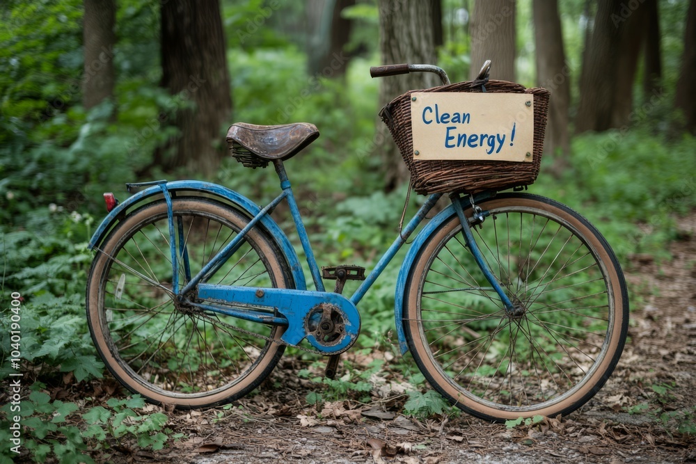 Blue Bicycle in a Forest with a Sign: Clean Energy