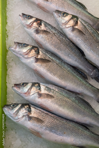 Fishmonger's store at the food market in Spain. European sea bass (Dicentrarchus labrax)