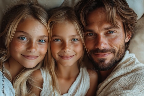 A father enjoying a cozy moment with his two daughters at home during a sunny afternoon