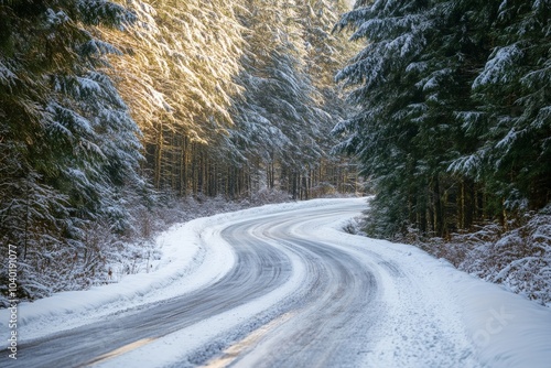 An icy road winds through a snow-draped pine forest, creating a picturesque winter setting, showcasing nature's beauty and tranquility in icy conditions. photo