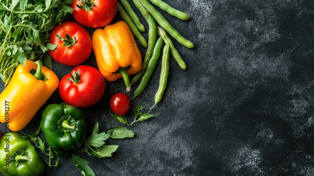 Green beans, bell peppers, and tomatoes with space for text in a vibrant image Green beans, bell peppers, and tomatoes with space for text in a vibrant image