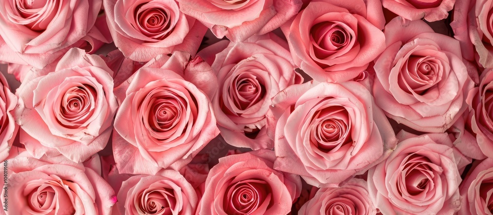 Close up top view of bright pink roses in a fresh bouquet creating a smooth floral background perfect for a greeting card design template with ample copy space image at a florist shop Close up top view of bright pink roses in a fresh bouquet creating a smooth floral background perfect for a greeting card design template with ample copy space image at a florist shop