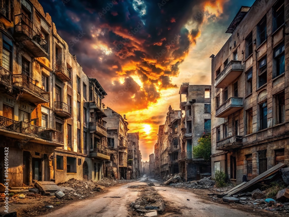 Fototapeta premium Post-Apocalyptic City Portrait Photography with Destroyed Buildings and Cracked Roads for Dramatic Visuals