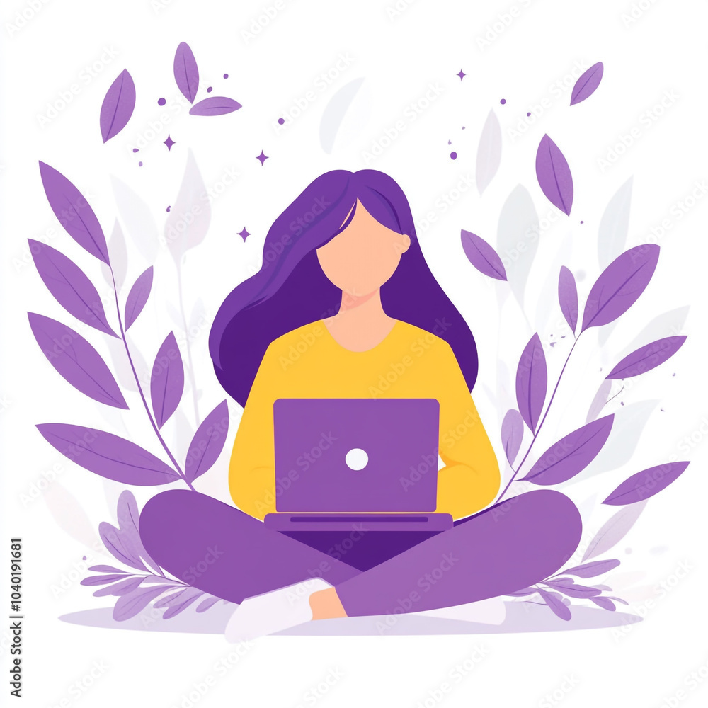 A flat vector illustration of an animated girl sitting on the floor with her laptop, purple leaves around and sparkles behind her. A flat vector illustration of an animated girl sitting on the floor with her laptop, purple leaves around and sparkles behind her.