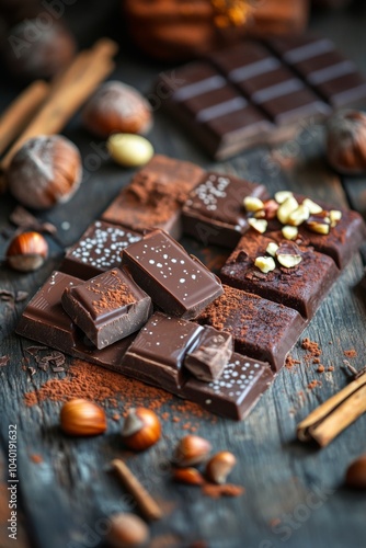 Delicious dark chocolate bars with cocoa powder and nuts on a rustic wooden b...