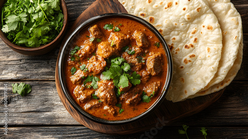 An aromatic serving of Mutton Curry, with tender pieces of goat meat simmered in a spicy gravy, served with hot chapati and garnished with fresh coriander leaves