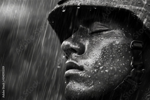 A soldier keeps his eyes closed, standing in the rain with a face smeared in dirt, portraying determination and steadfastness amidst a challenging setting. photo