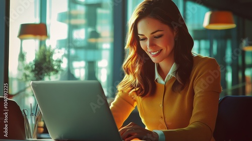 Smiling businesswoman working on a laptop in an office lounge photo