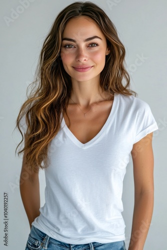 Portrait of a young woman with long hair wearing a plain white t shirt agains...