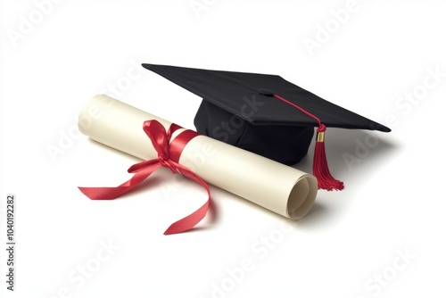 A classic black graduation cap rests beside a rolled diploma tied with a red ribbon. This image showcases academic achievement and celebration of education. Generative AI