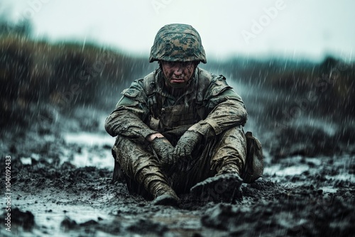 A soldier sits resolutely in a rain-soaked, muddy environment, embodying resilience and stubbornness against the adverse conditions surrounding him. photo