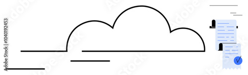 A simplistic design of a cloud symbolizes cloud computing, with documents and checklist elements indicating organized, secure data management. Ideal for technology, security, document management