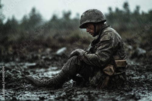 A lone soldier sits amid rain and mud, portraying a sense of solitude and perseverance against the harsh environment, capturing the essence of a soldier's trial. photo