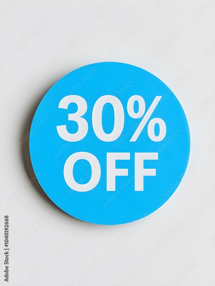 White '30% OFF' Text on a Blue Round Paper Note. White Background White '30% OFF' Text on a Blue Round Paper Note. White Background