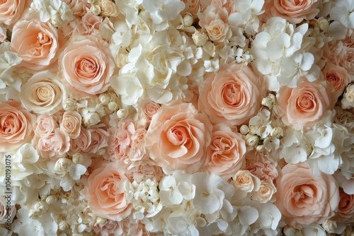 A beautiful arrangement of soft pink roses and white flowers in a delicate fl...
