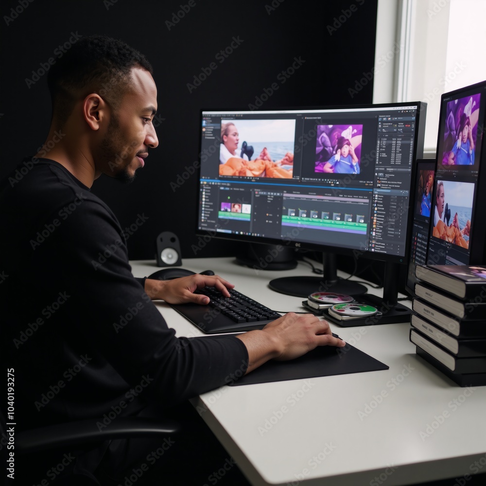 African-American videographer creates multimedia content by editing a film montage with visual effects at home African-American videographer creates multimedia content by editing a film montage with visual effects at home