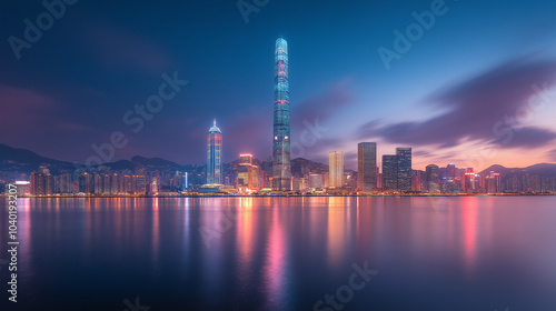 A futuristic cityscape of Shenzhen at night, where towering skyscrapers and advanced technology dominate the skyline. Neon lights illuminate the buildings, casting long shadows over the serene water 