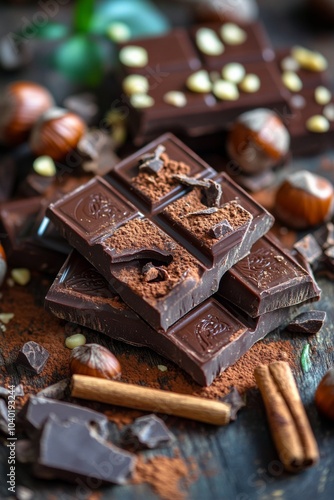 Delicious dark chocolate bars with cocoa powder and nuts on a rustic wooden b...