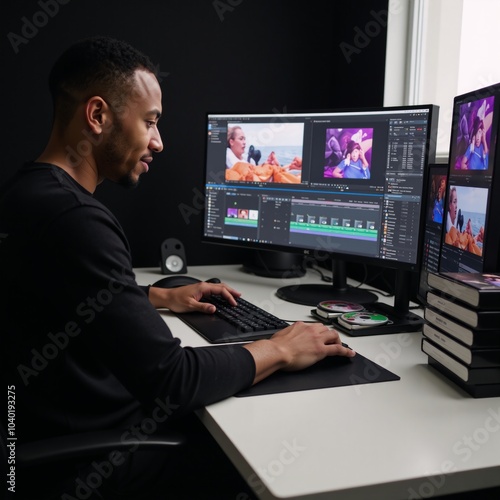 African-American videographer creates multimedia content by editing a film montage with visual effects at home