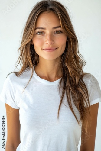 Portrait of a young woman with long hair wearing a plain white t shirt agains...
