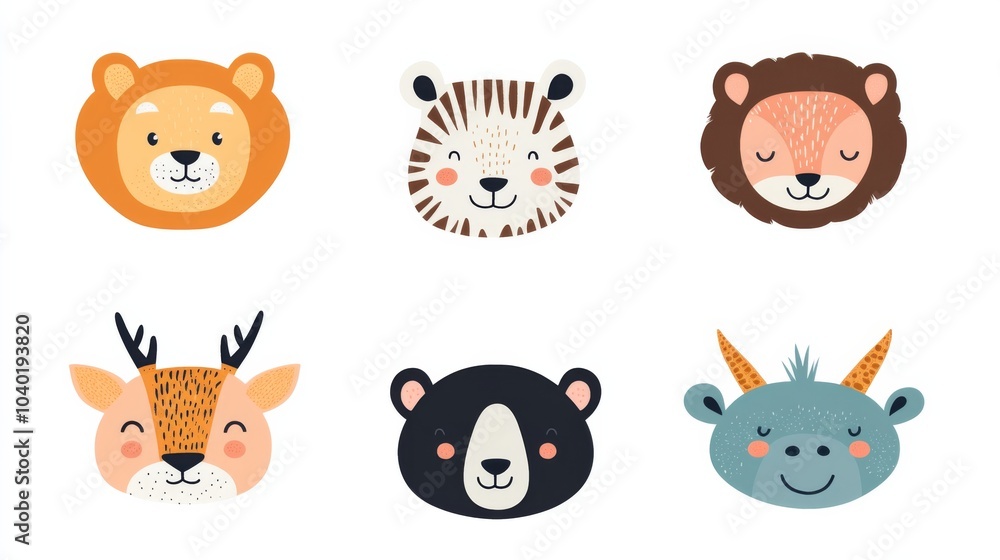 Fototapeta premium Adorable collection of woodland and safari animal faces featuring a bear, tiger, lion, zebra, giraffe, and more in vibrant, playful designs
