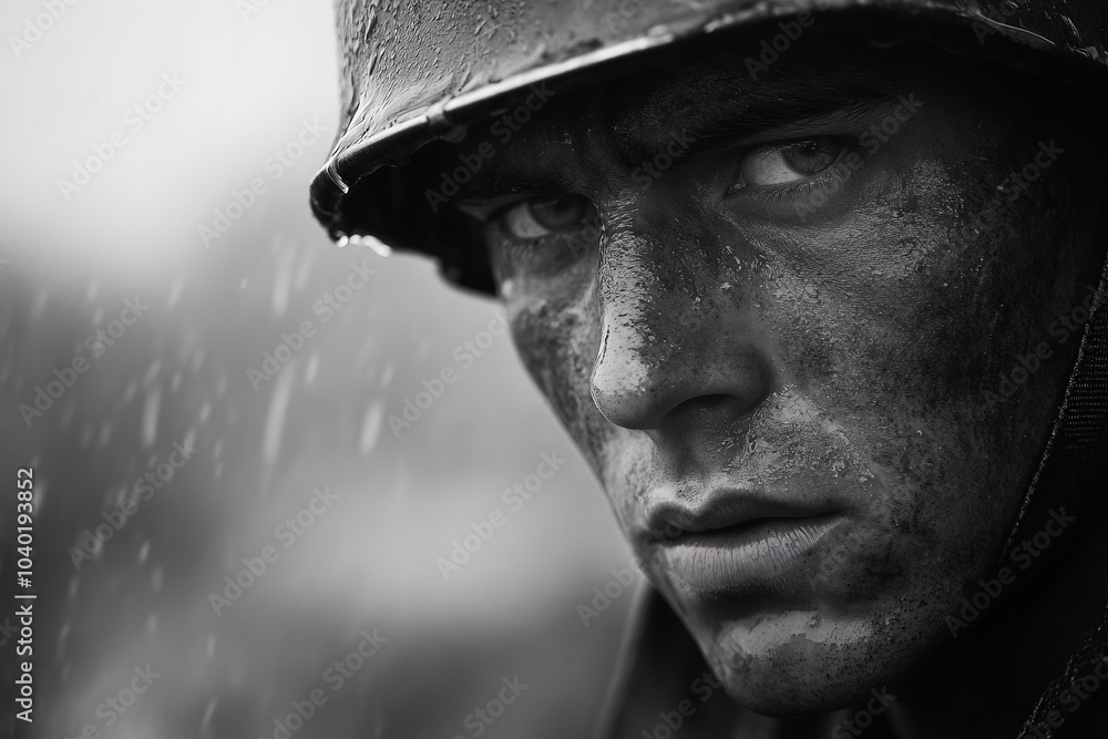 A soldier's expression amidst harsh conditions portrays unyielding determination, with rain-soaked features highlighting the challenges of war. A soldier's expression amidst harsh conditions portrays unyielding determination, with rain-soaked features highlighting the challenges of war.