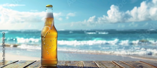 Fototapeta Naklejka Na Ścianę i Meble -  A glass bottle of chilled beer on the wooden table by the sandy beach featuring a clear blue sky sea and copy space image