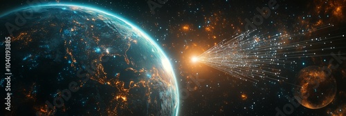 A cosmic clash between Earth and a fiery celestial body in deep space during ...