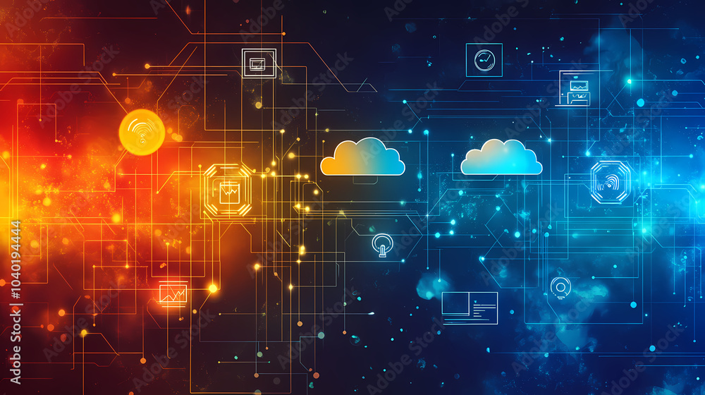 Obraz premium Digital world visualization, interconnected data streams, cloud computing icons