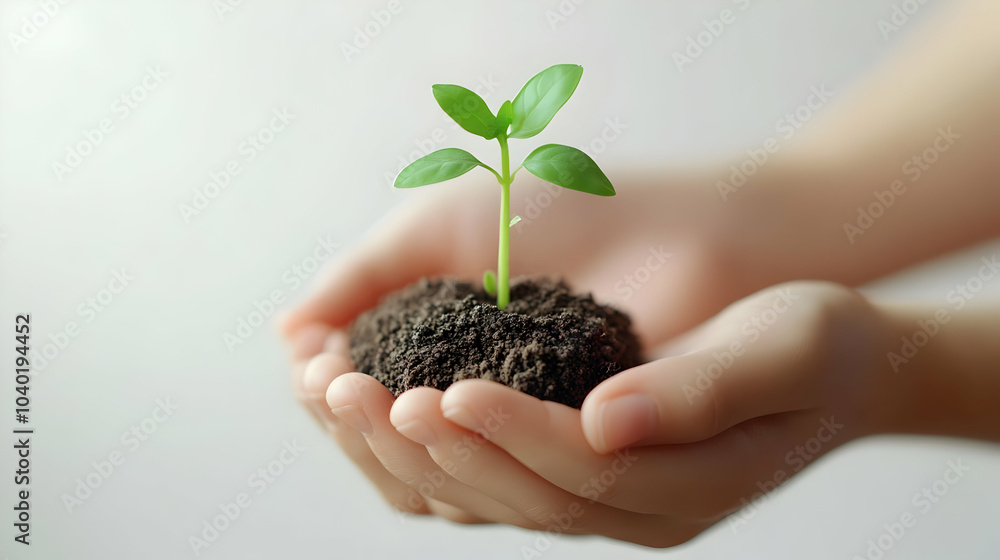 3D Macro Hands Holding Sprouting Coin Growth Finance Sustainability ESG Symbolism Isolated White Background Conceptual Image 3D Macro Hands Holding Sprouting Coin Growth Finance Sustainability ESG Symbolism Isolated White Background Conceptual Image