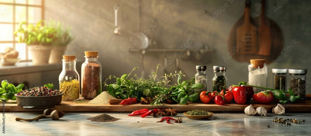 Fototapeta premium An array of herbs and spices on the table bring vivid hues and delightful scents to the kitchen ambiance with room for a copy space image