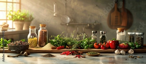 Fototapeta Naklejka Na Ścianę i Meble -  An array of herbs and spices on the table bring vivid hues and delightful scents to the kitchen ambiance with room for a copy space image