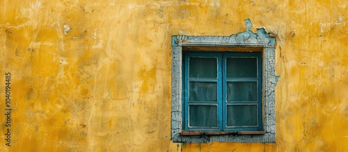 An old window in a historic building with cracked glass set against a yellow wall providing ample copy space in the image