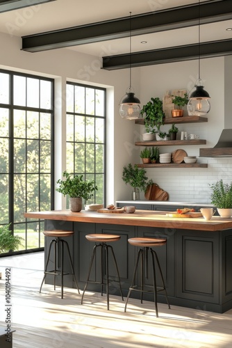 Bright and modern kitchen with natural light and greenery during the day