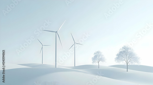 3D Plain Backdrop Renewable Energy Concept Intricate Shadow Play Wind Turbines Solar Panels ESG Messaging Copy Space Static Shot Icon White Background