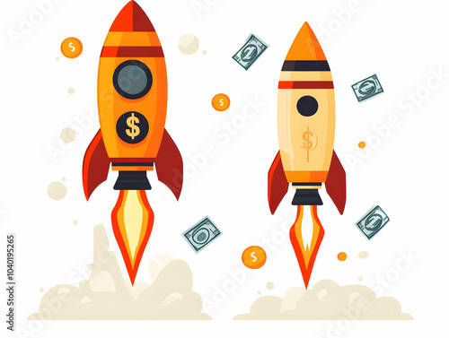 Flat Rocket Dollar Sign Icons Financial Launch Vector Illustration Blasting Off Business Growth Infographic Startup Materials Isolated White Background Smart Business Tone