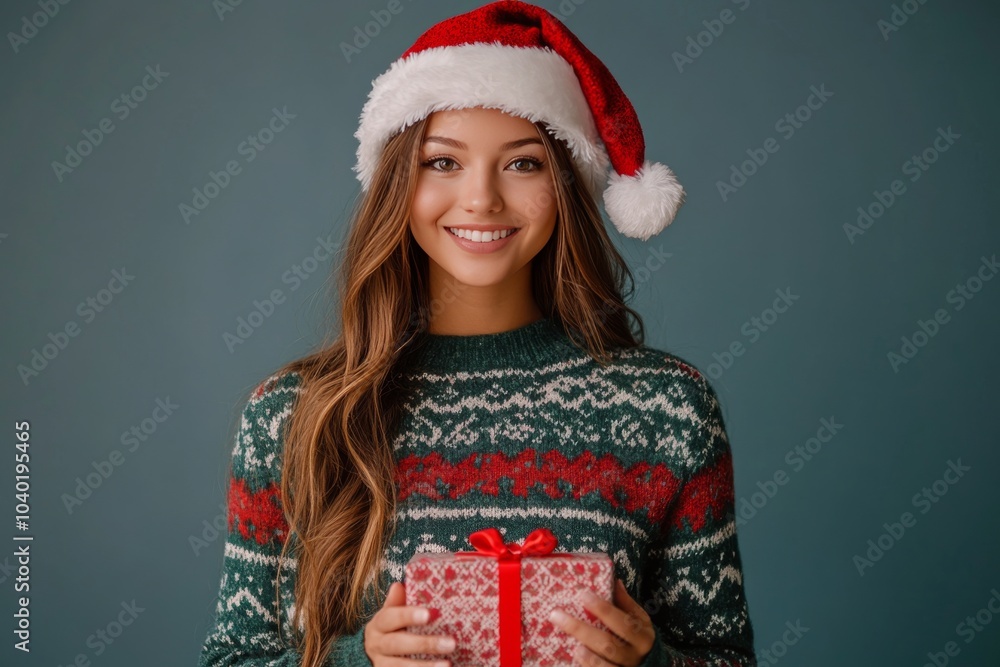 Young woman in a festive sweater and Santa hat holds a Christmas gift against a blue background Young woman in a festive sweater and Santa hat holds a Christmas gift against a blue background