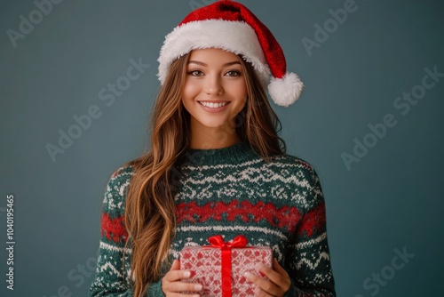 Young woman in a festive sweater and Santa hat holds a Christmas gift against...