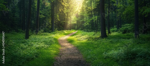 A sunlit path winds through a lush green forest, creating a sense of tranquility and mystery.