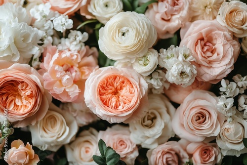 A beautiful arrangement of soft pink roses and white flowers in a delicate fl...